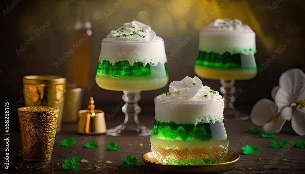 green jello in the cup with cream topping with green sprinkles, generative AI