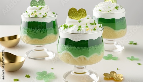 green jello in the cup with cream topping with green sprinkles, generative AI photo
