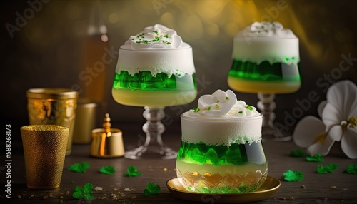 green jello in the cup with cream topping with green sprinkles, generative AI