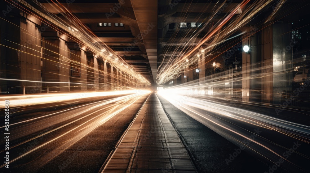 Abstract long exposure dynamic speed light rails in city. Generative AI