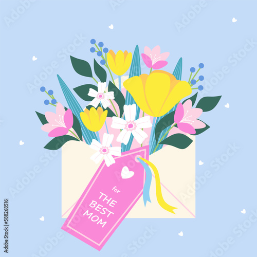 Envelop with Flowers. Happy Mother's Day. Cute card and poster template for the spring holiday. Vector illustration in flat style