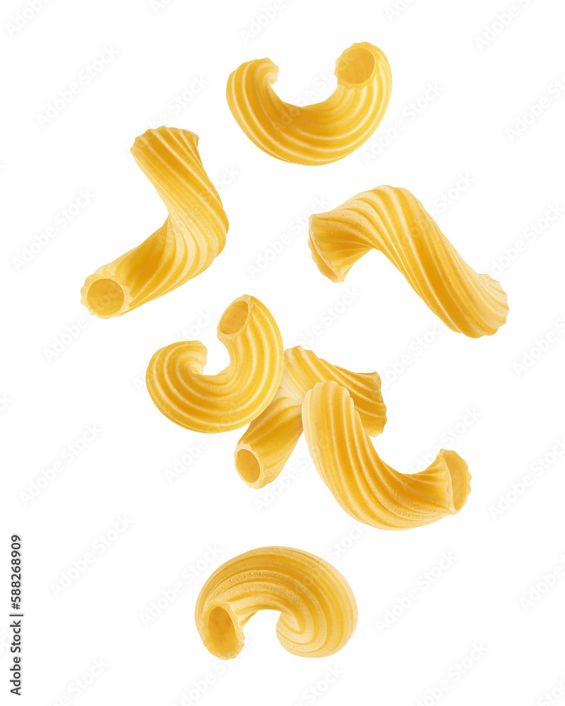 Fototapeta premium Falling raw Cavatappi, Cellentany, uncooked Italian Pasta, isolated on white background, full depth of field