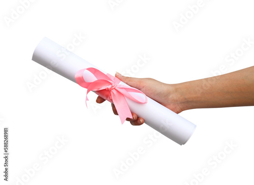 graduation diploma in hand on transparent background png file