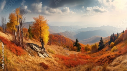 Panorama mountain autumn landscape. Generative AI