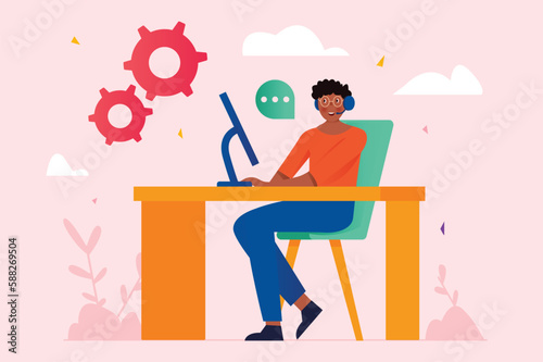 Call center pink concept with people scene in the flat cartoon design. Call center employee answers customer calls and advises them. Vector illustration.
