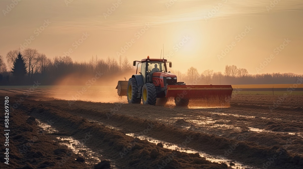 Tractor drives across large field making special beds for sowing seeds. Generative AI Tractor drives across large field making special beds for sowing seeds. Generative AI