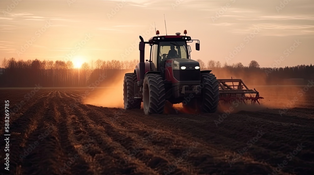 Tractor drives across large field making special beds for sowing seeds. Generative AI Tractor drives across large field making special beds for sowing seeds. Generative AI