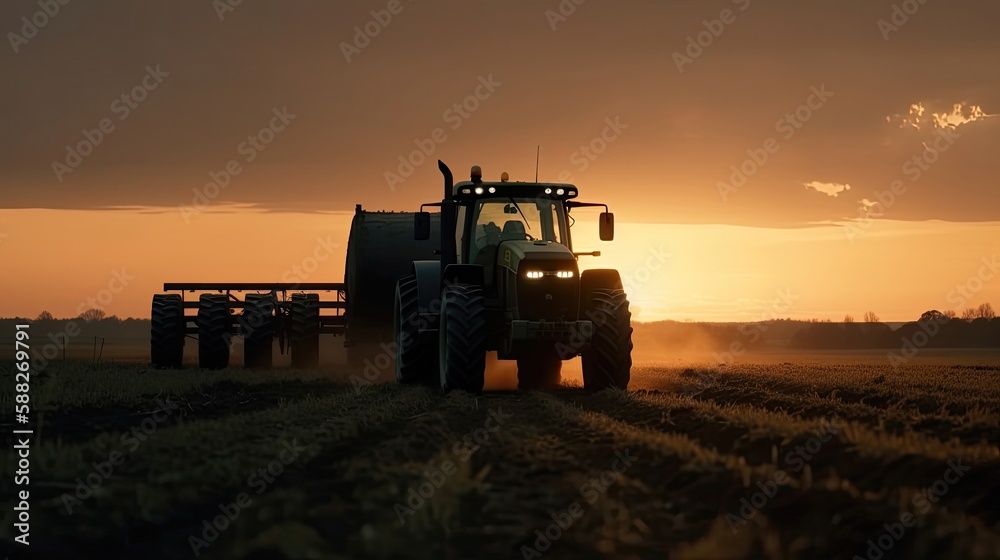 Fototapeta premium Tractor drives across large field making special beds for sowing seeds. Generative AI