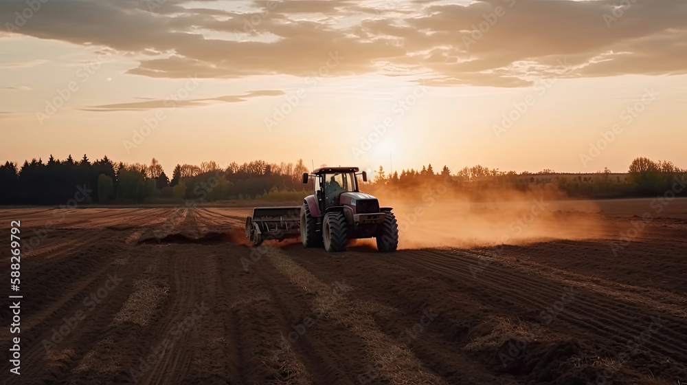 Fototapeta premium Tractor drives across large field making special beds for sowing seeds. Generative AI