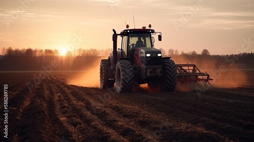 Tractor drives across large field making special beds for sowing seeds. Generative AI