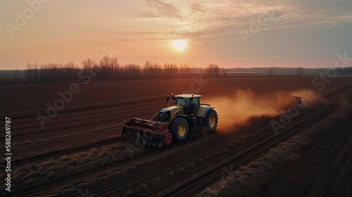 Tractor drives across large field making special beds for sowing seeds. Generative AI