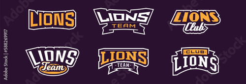 A set of bold fonts for lion mascot logo. Collection of text style lettering for esports, leo mascot logo, sports team, college club logo. Font on ribbon. Vector illustration isolated on background