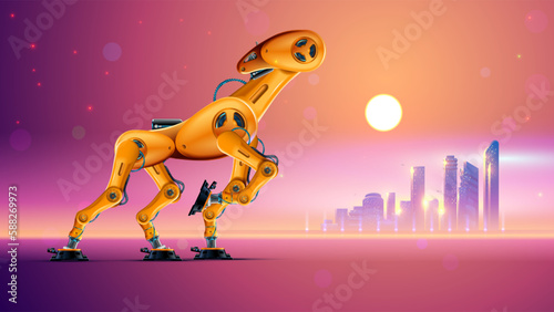 Robot animal going in desert. Post apocalyptic futuristic landscape of city silhouette on horizon. Sci-fi apocalypse nature. Robotic mechanical cyborg camel or horse. Bionicle tired horse with AI.