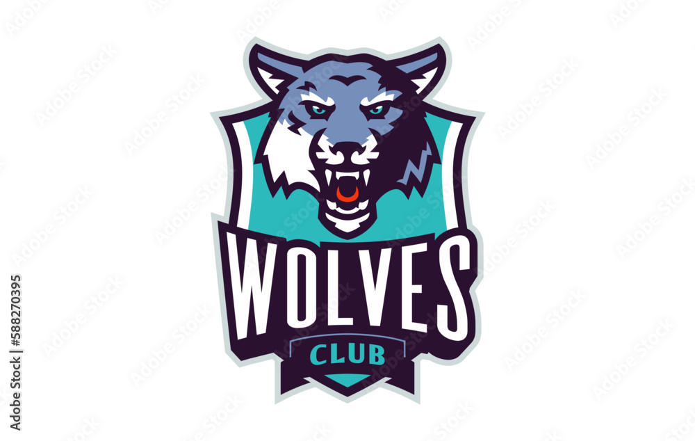 Sports logo with wolf mascot. Colorful sport emblem with wolf mascot and bold font on shield background. Logo for esport team, athletic club, college team. Isolated vector illustration