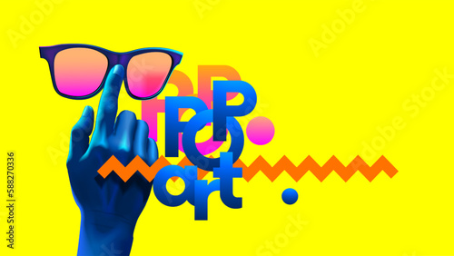 Hand adjusts glasses. Advertising sunglasses in style pop art. Abstract poster with inscription pop art and geometric shapes. Surrealism funny poster with glasses in hand on yellow background.