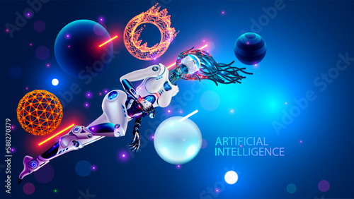 Artificial intelligence in the image beautiful robot woman with AI in virtual cyberspace among the data charts and diagrams. Neural networks learning concept. Female robot floating in zero gravity.