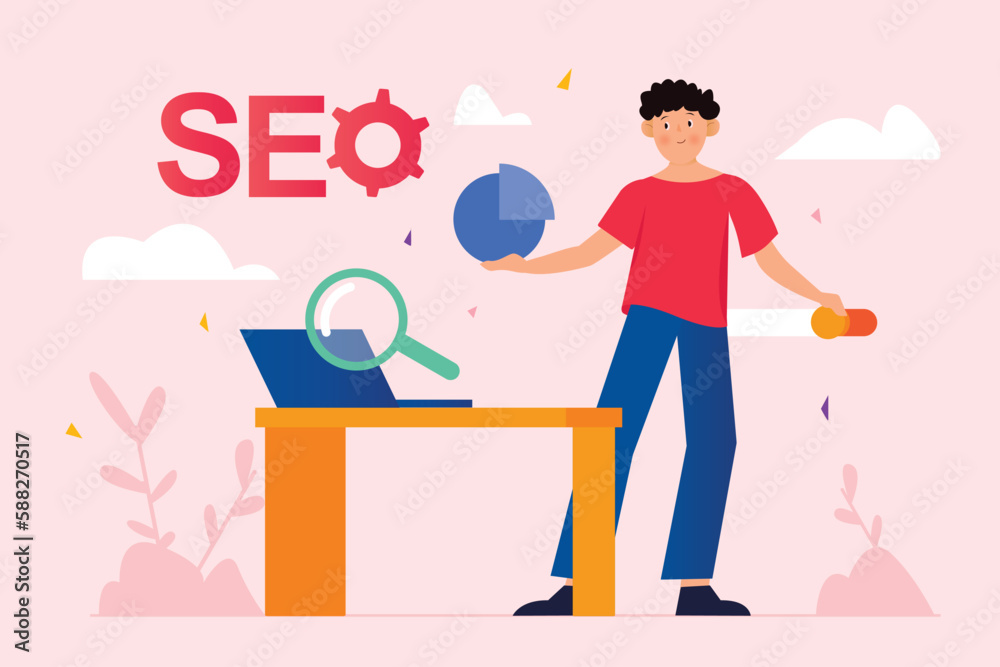 Pink concept SEO optimization with people scene in the flat cartoon style. Specialist deals with data optimization and helps these companies. Vector illustration. Pink concept SEO optimization with people scene in the flat cartoon style. Specialist deals with data optimization and helps these companies. Vector illustration.