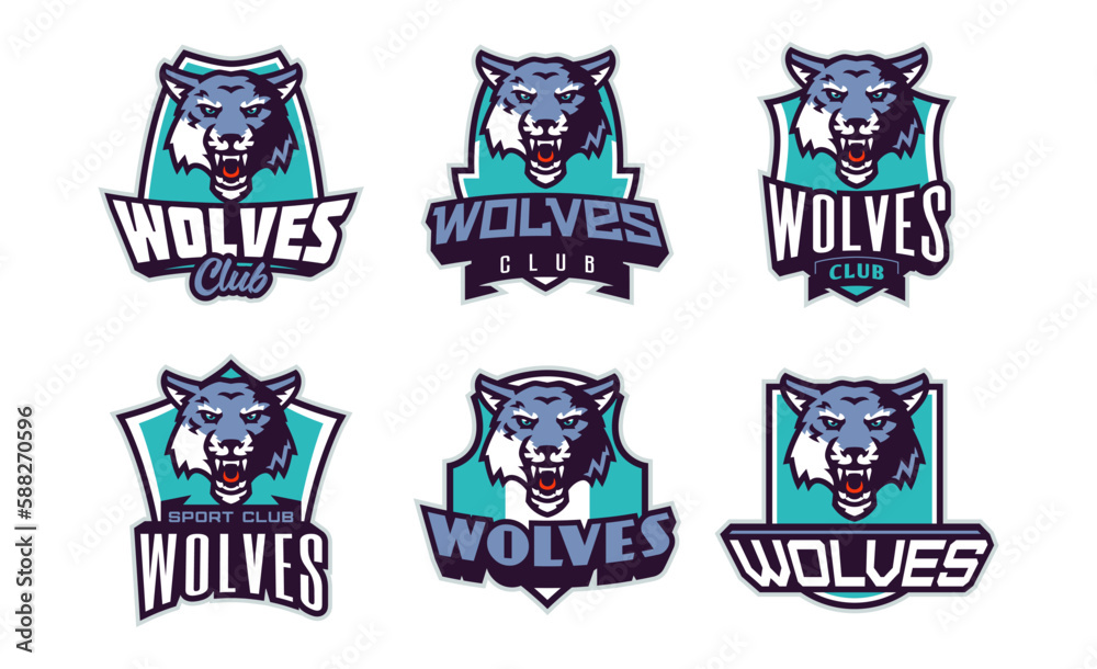 Set of sports logos with wolf mascots. Colorful collection sports emblem with wolf mascot and bold font on shield background. Logo for esport team, athletic club. Isolated vector illustration