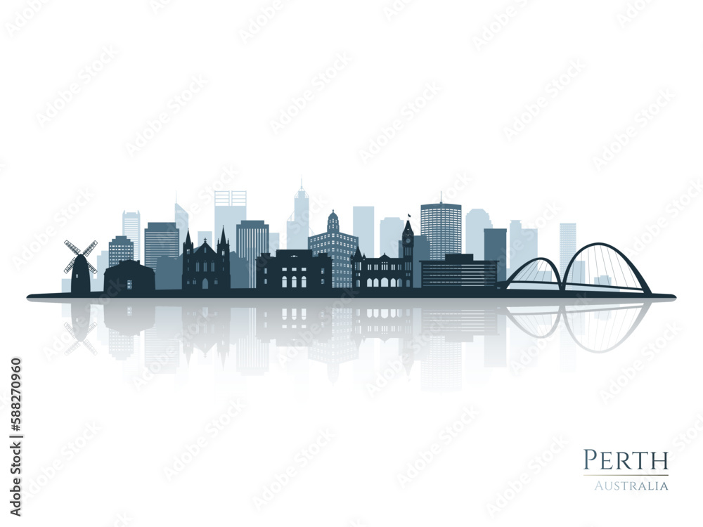 Perth skyline silhouette with reflection. Landscape Perth, Australia. Vector illustration.