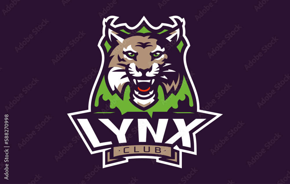 Sports logo with lynx mascot. Colorful sport emblem with lynx, bobcat mascot and bold font on shield background. Logo for esport team, athletic club, college team. Isolated vector illustration