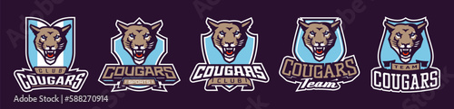 Set of sports logos with cougar mascots. Colorful collection sports emblem with cougar mascot and bold font on shield background. Logo for esport team, athletic club. Isolated vector illustration