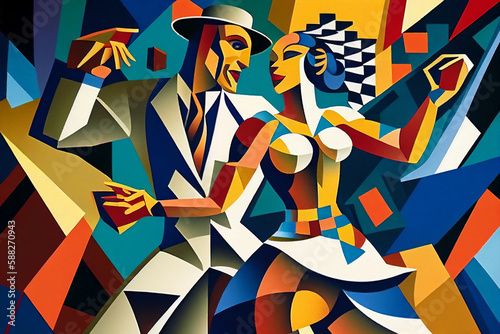 Latin American Hispanic male and female couple dancing the ballroom Calypso dance shown in an abstract cubist style painting for a poster or flyer, computer Generative AI stock illustration image