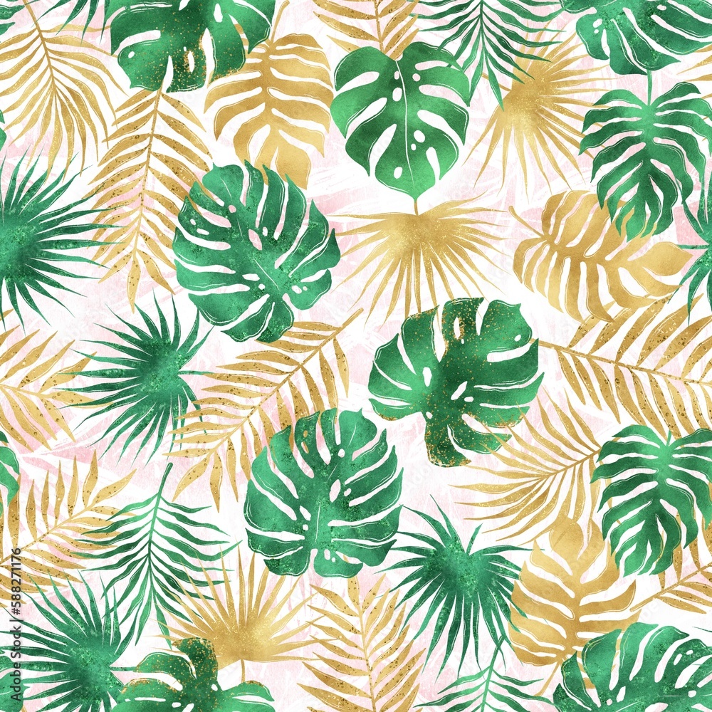 Tropical seamless pattern, monstera leaves, green and gold leaves, tropical plant, exotic background, summer pattern, soft pink background, trendy pattern