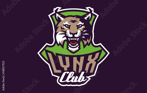 Sports logo with lynx mascot. Colorful sport emblem with lynx, bobcat mascot and bold font on shield background. Logo for esport team, athletic club, college team. Isolated vector illustration