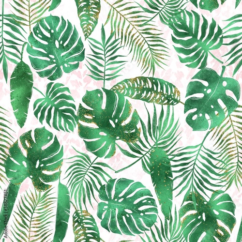 Tropical leaves seamless pattern, exotic background, summer design, Hawaii, green leaf, trendy pattern, summer design © Patrycja