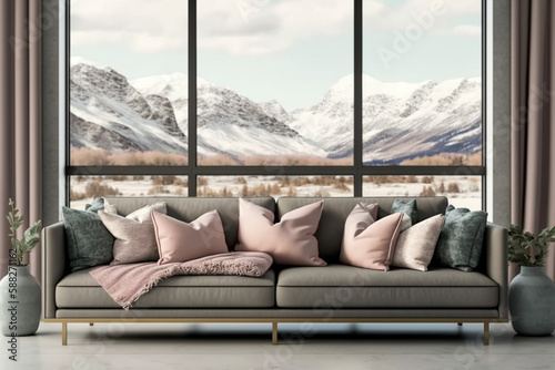 Modern interior design of the living room with big panoramic window. Super photo realistic background, generative ai illustration