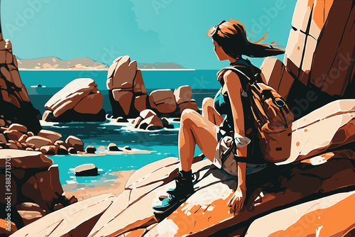 A woman in hiking clothes resting on a rock on the seashore. Vector style. Generative AI technology.