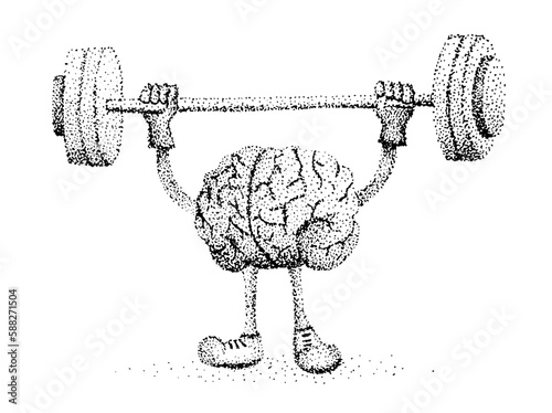 Memory enhancement. Brain with a barbell on a white background. Development of logic. Pointillism