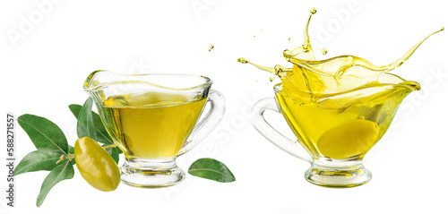 Extra virgin olive oil jar and green branch isolated on white background.