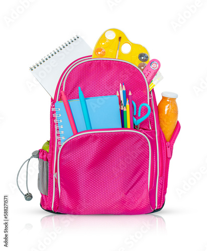 Pink backpack with school supplies isolated on white background photo