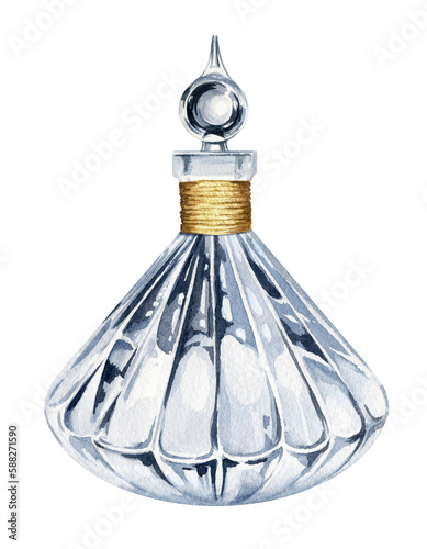 watercolor vintage perfume glass bottle, hand drawn illustration of transparent perfume flacon isolated on white background