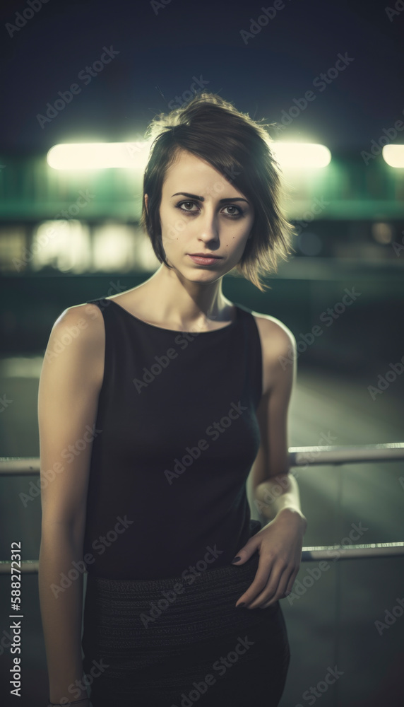 Girl all alone in the big city in a night life scene with moody street  lights