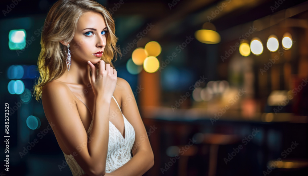 Single girl in a bar going out alone in the moody nightlife in dim light