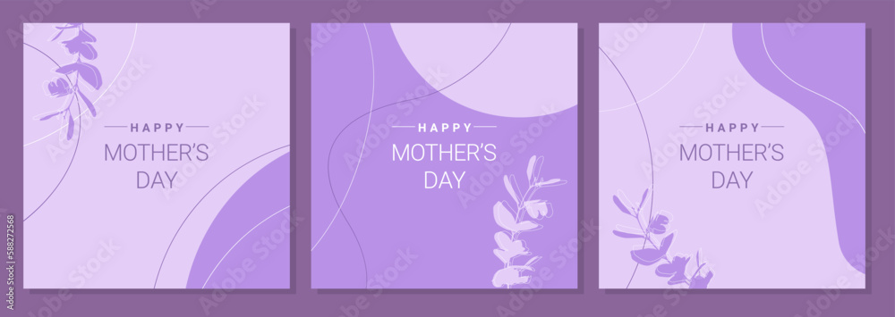 Happy Mothers Day. Greeting card set boho style lilac color. Mothers day banner or poster design template. Vector illustration