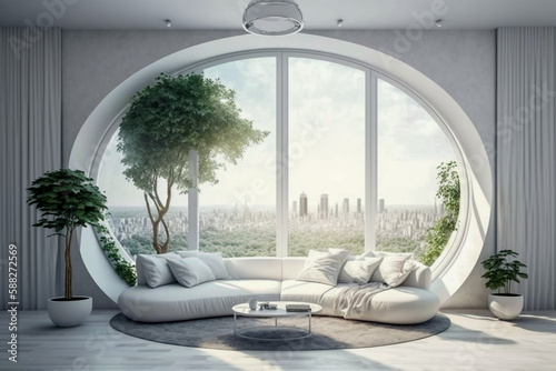 Modern interior design of the living room with big panoramic window. Super photo realistic background  generative ai illustration