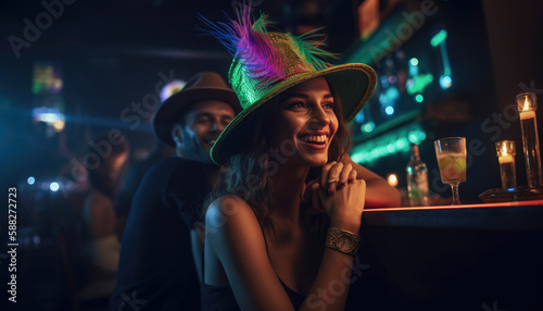 Festive girl out partying in a night club with cozy and moody lighting © Polarpx