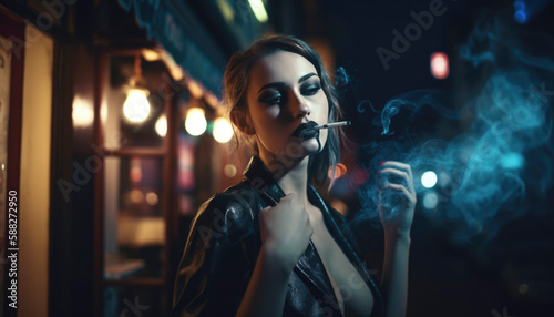 Attractive woman smoking a cigarette outside a bar in a big city at night