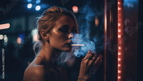 Attractive woman smoking a cigarette outside a bar in a big city at night