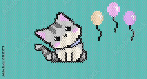 Cute kitten and ballons on green background seamless pattern. Winter background with cat for fashion design, vector illustration