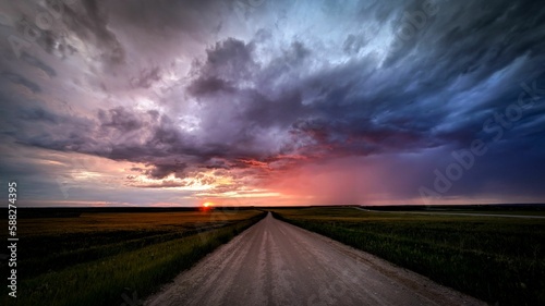Road with fields on the both sides leading to the purple and cloudy sky