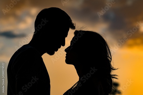 Silhouette of a young couple looking at each other against a sunset background