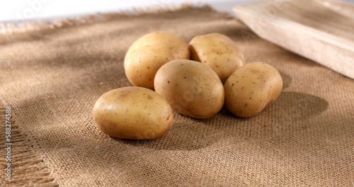 fresh potatoes on burlap. vegetables on the table. deerevensky still life. farm products close-up. potato harvest.