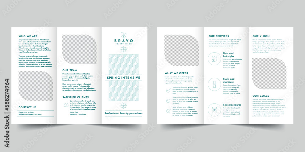 Beauty Salon  trifold brochure template. A clean, modern, and high-quality design tri fold brochure vector design. Editable and customize template brochure