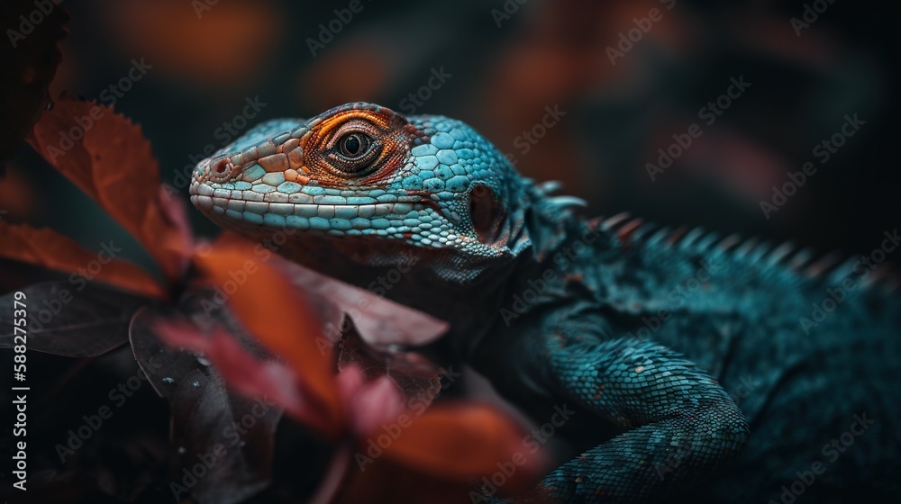 Fototapeta premium Colorful forest lizard on a tree bark in forest. Generative AI