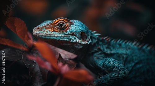 Colorful forest lizard on a tree bark in forest. Generative AI