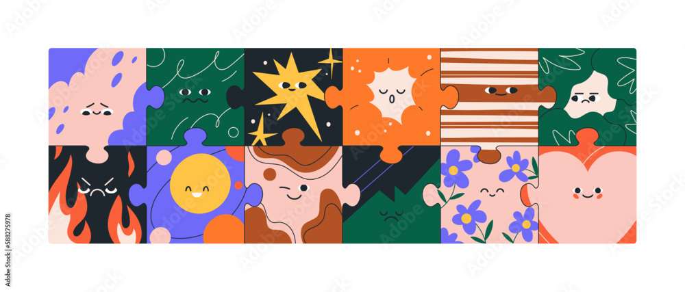Fototapeta premium Abstract puzzle-shaped characters. Cute comic jigsaw pieces with funny faces, eyes, sad, happy, angry, laughing facial expressions. Emotions, childish psychology concept. Flat vector illustration